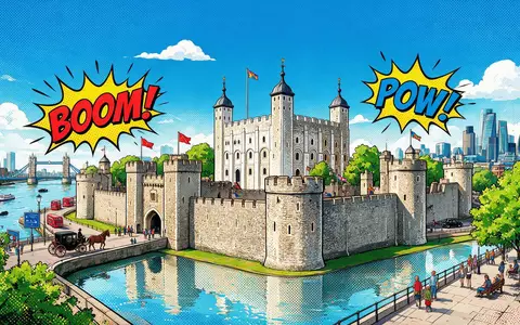 Pop-Art-Comicillustration des Wahrzeichens Tower of London in London Vereinigtes Königreich, kraeftige Konturen Rasterpunkte und satte - Foto: THN
