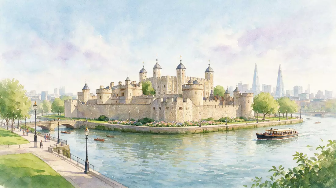 Aquarell-Illustration von Tower of London in London, Vereinigtes Königreich als Reiseposter
