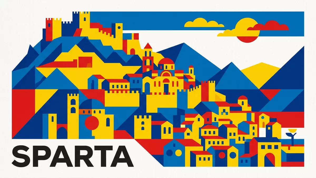 Bauhaus-Poster als Abstraktion von Mystras in Sparta, Griechenland