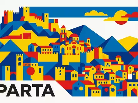 Bauhaus-Poster als geometrische Abstraktion von Mystras in Sparta Griechenland, kraeftige Grundfarben und harte Formkanten - Foto: THN