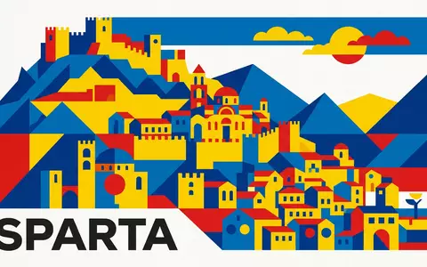 Bauhaus-Poster als geometrische Abstraktion von Mystras in Sparta Griechenland, kraeftige Grundfarben und harte Formkanten - Foto: THN