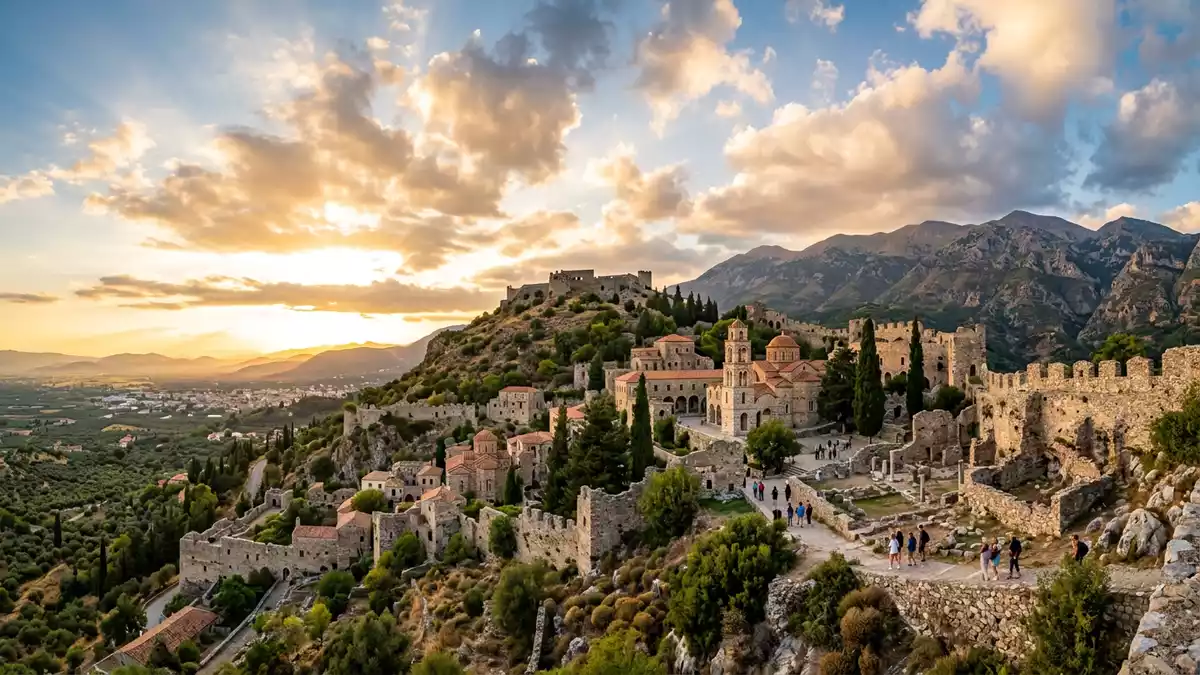 Fotorealistische Ansicht von Mystras in Sparta, Griechenland im Abendlicht