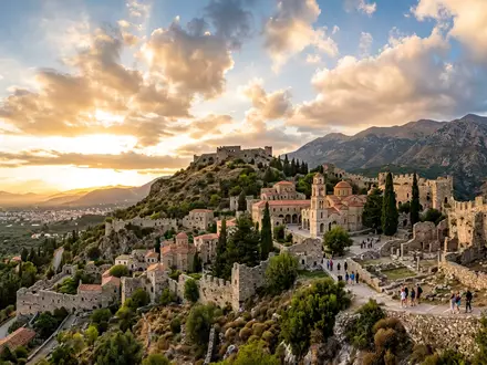 Fotorealistische Panoramaaufnahme von Mystras in Sparta Griechenland, warmes Abendlicht auf Wahrzeichen im Reisemotiv - Foto: THN