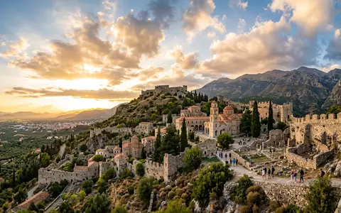 Fotorealistische Panoramaaufnahme von Mystras in Sparta Griechenland, warmes Abendlicht auf Wahrzeichen im Reisemotiv - Foto: THN