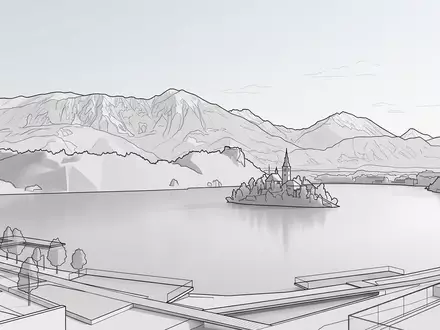 Moderner Architektur-Render zeigt Silhouette von Nationalpark Triglav in Bled Slowenien, klare Linien und neutrales Tageslicht - Foto: THN