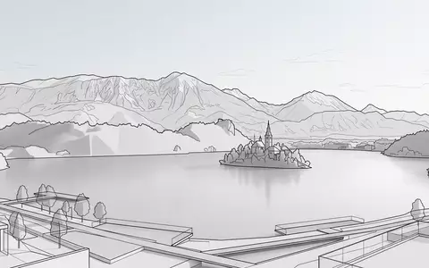 Moderner Architektur-Render zeigt Silhouette von Nationalpark Triglav in Bled Slowenien, klare Linien und neutrales Tageslicht - Foto: THN