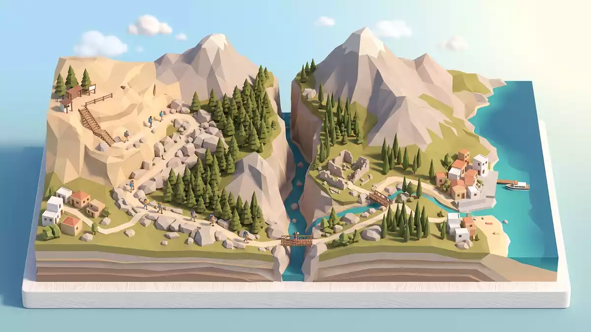 Isometrisches Diorama von Samaria-Schlucht in Kreta, Griechenland in Pastell