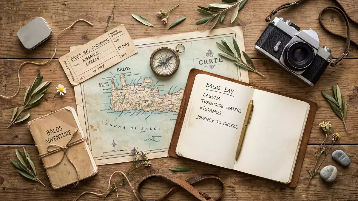 Flatlay-Reise-Arrangement rund um Balos-Lagune in Kissamos, Griechenland