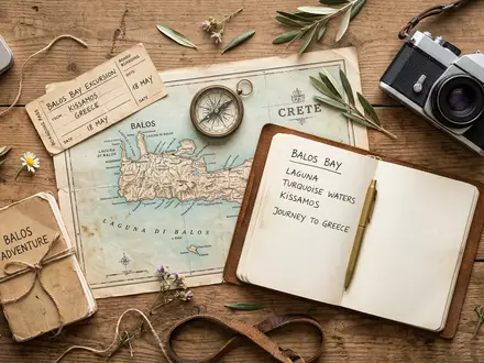 Flatlay-Reise-Arrangement rund um Balos-Lagune in Kissamos Griechenland, Karte Kompass Kamera und generische Reiserequisiten - Foto: THN