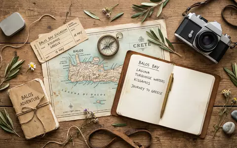Flatlay-Reise-Arrangement rund um Balos-Lagune in Kissamos Griechenland, Karte Kompass Kamera und generische Reiserequisiten - Foto: THN