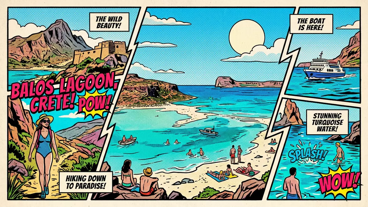 Pop-Art-Comic von Balos-Lagune in Kissamos, Griechenland mit Rasterpunkten