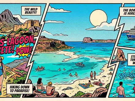Pop-Art-Comicillustration des Wahrzeichens Balos-Lagune in Kissamos Griechenland, kraeftige Konturen Rasterpunkte und satte Farben - Foto: THN