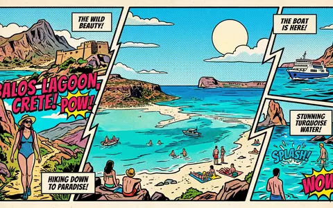 Pop-Art-Comicillustration des Wahrzeichens Balos-Lagune in Kissamos Griechenland, kraeftige Konturen Rasterpunkte und satte Farben - Foto: THN