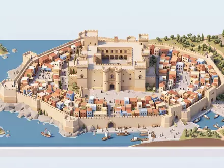 Isometrisches Diorama von Palast des Grossmeisters Rhodos und Umgebung in Rhodos Griechenland, verspielte Low-Poly-Kulisse in - Foto: THN