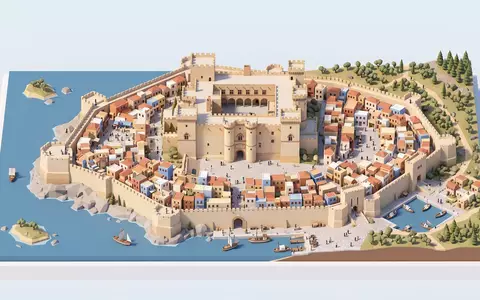 Isometrisches Diorama von Palast des Grossmeisters Rhodos und Umgebung in Rhodos Griechenland, verspielte Low-Poly-Kulisse in - Foto: THN