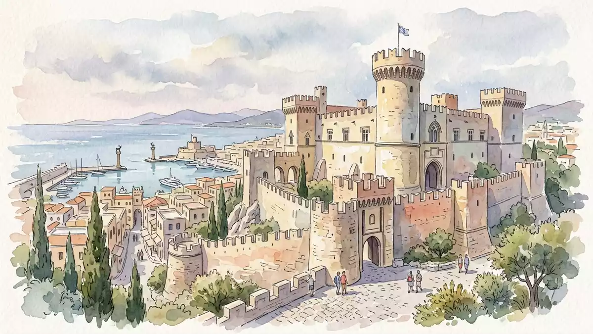Aquarell-Illustration von Palast des Grossmeisters Rhodos in Rhodos, Griechenland als Reisep…