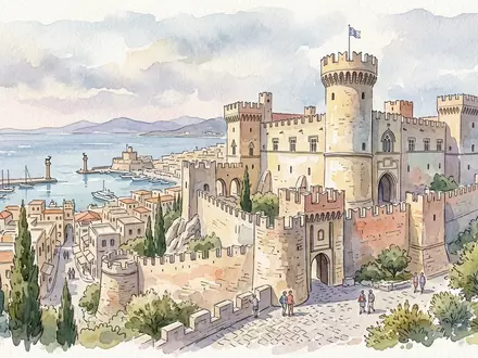 Aquarellillustration des Wahrzeichens Palast des Grossmeisters Rhodos in Rhodos Griechenland, weiche Farbverläufe und pastelliges Reiseposter-Feeling - Foto: THN