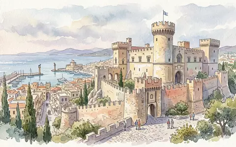 Aquarellillustration des Wahrzeichens Palast des Grossmeisters Rhodos in Rhodos Griechenland, weiche Farbverläufe und pastelliges Reiseposter-Feeling - Foto: THN