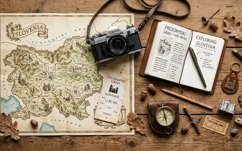 Flatlay-Reise-Arrangement rund um Burg Predjama in Postojna Slowenien, Karte Kompass Kamera und generische Reiserequisiten - Foto: THN