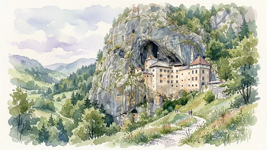 Aquarell-Illustration von Burg Predjama in Postojna, Slowenien als Reiseposter
