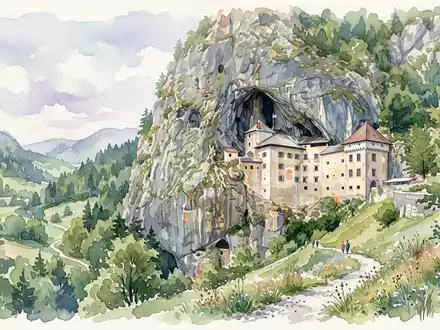 Aquarellillustration des Wahrzeichens Burg Predjama in Postojna Slowenien, weiche Farbverläufe und pastelliges Reiseposter-Feeling - Foto: THN