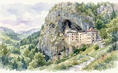 Aquarellillustration des Wahrzeichens Burg Predjama in Postojna Slowenien, weiche Farbverläufe und pastelliges Reiseposter-Feeling - Foto: THN