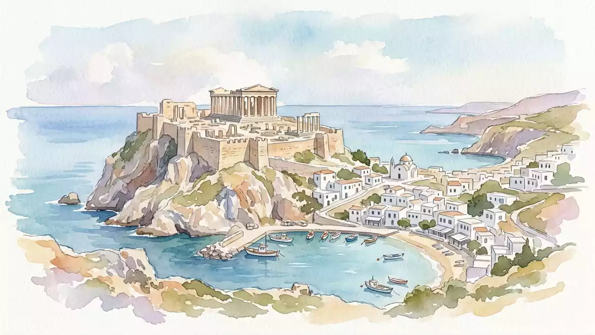 Aquarell-Illustration von Akropolis von Lindos in Lindos, Griechenland als Reiseposter