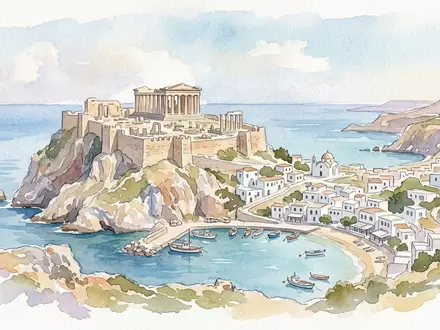 Aquarellillustration des Wahrzeichens Akropolis von Lindos in Lindos Griechenland, weiche Farbverläufe und pastelliges Reiseposter-Feeling - Foto: THN