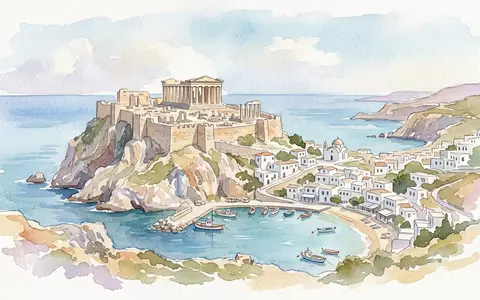 Aquarellillustration des Wahrzeichens Akropolis von Lindos in Lindos Griechenland, weiche Farbverläufe und pastelliges Reiseposter-Feeling - Foto: THN