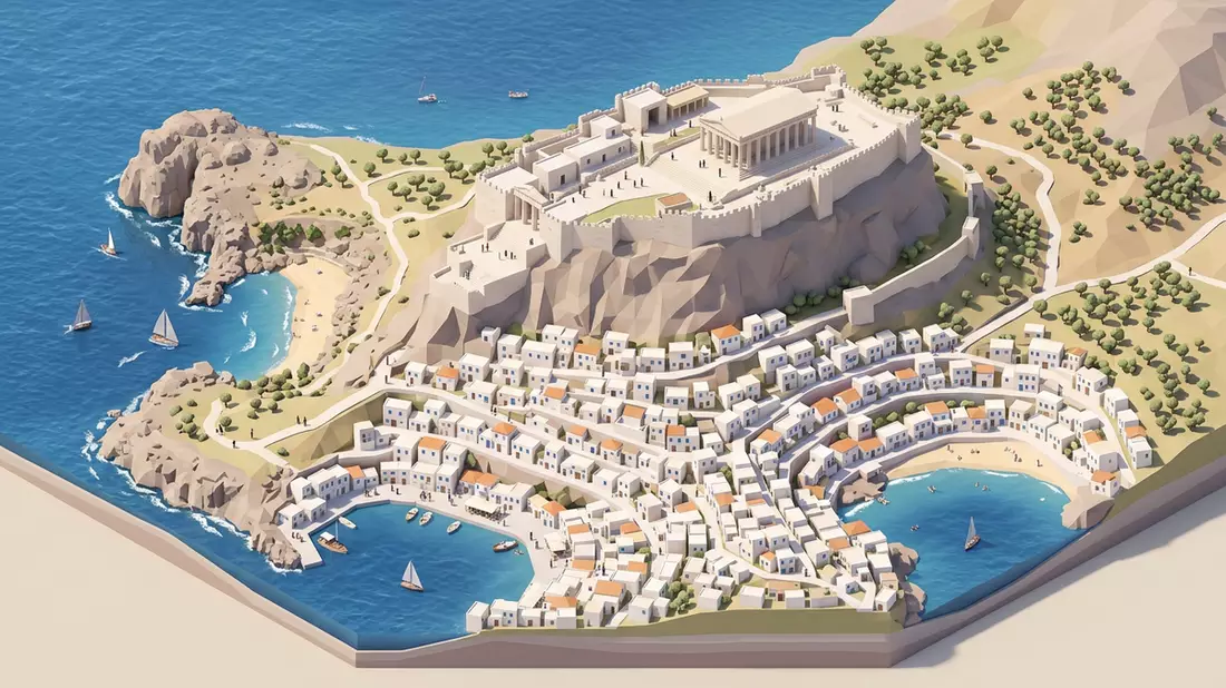 Isometrisches Diorama von Akropolis von Lindos in Lindos, Griechenland in Pastell