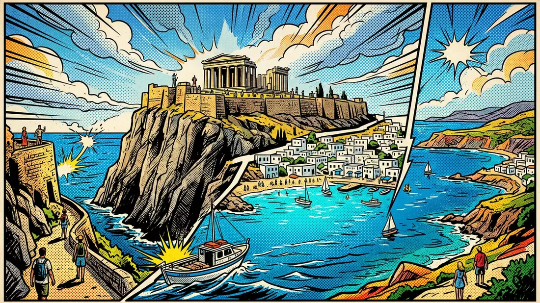 Pop-Art-Comic von Akropolis von Lindos in Lindos, Griechenland mit Rasterpunkten