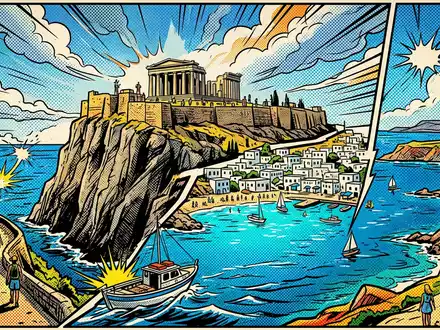 Pop-Art-Comicillustration des Wahrzeichens Akropolis von Lindos in Lindos Griechenland, kraeftige Konturen Rasterpunkte und satte Farben - Foto: THN