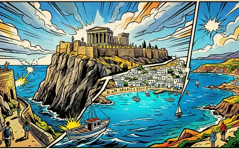 Pop-Art-Comicillustration des Wahrzeichens Akropolis von Lindos in Lindos Griechenland, kraeftige Konturen Rasterpunkte und satte Farben - Foto: THN
