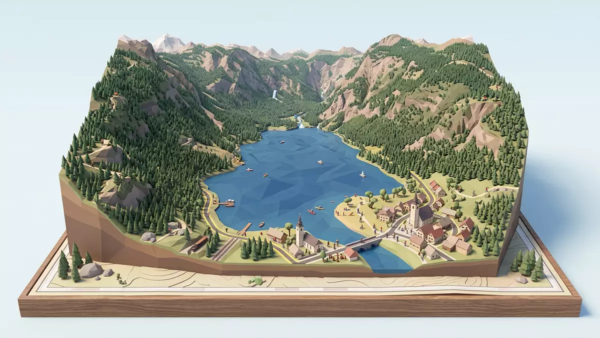 Isometrisches Diorama von Bohinj-See in Bohinj, Slowenien in Pastell