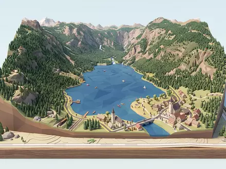 Isometrisches Diorama von Bohinj-See und Umgebung in Bohinj Slowenien, verspielte Low-Poly-Kulisse in Pastellfarben - Foto: THN