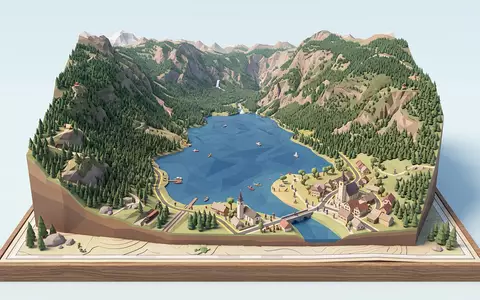 Isometrisches Diorama von Bohinj-See und Umgebung in Bohinj Slowenien, verspielte Low-Poly-Kulisse in Pastellfarben - Foto: THN