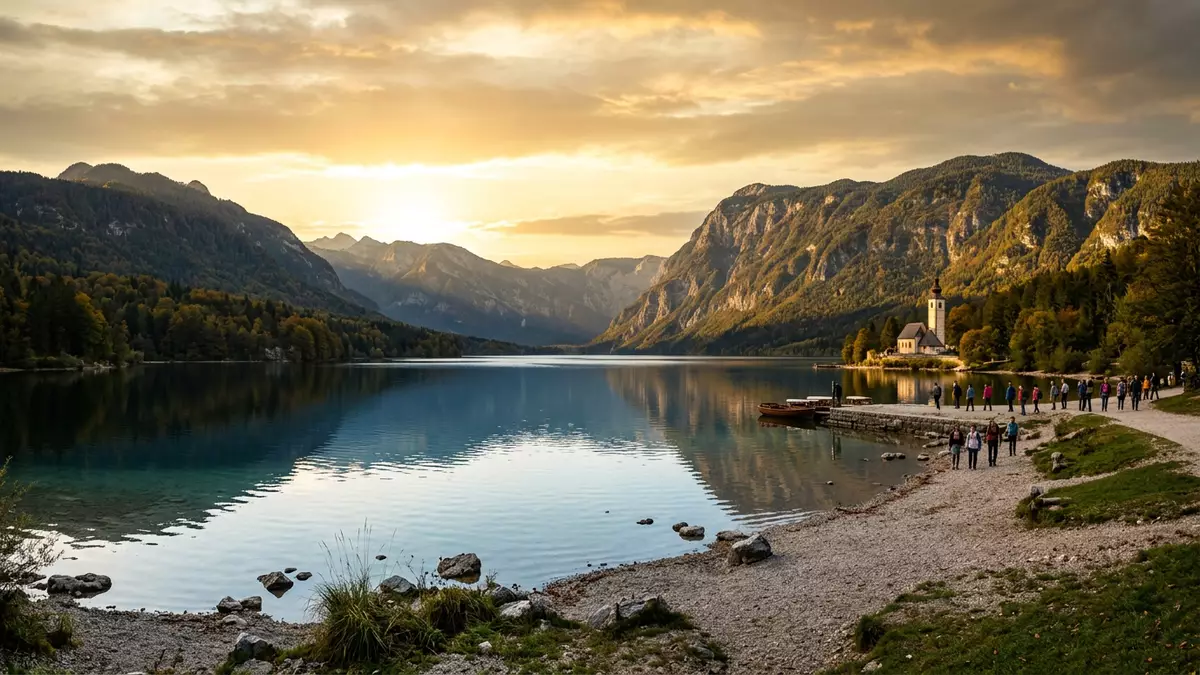 Fotorealistische Ansicht von Bohinj-See in Bohinj, Slowenien im Abendlicht