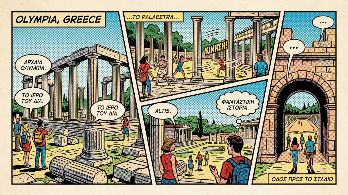 Pop-Art-Comic von Olympia in Olympia, Griechenland mit Rasterpunkten