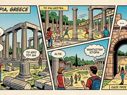 Pop-Art-Comicillustration des Wahrzeichens Olympia in Olympia Griechenland, kraeftige Konturen Rasterpunkte und satte Farben - Foto: THN