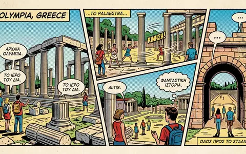 Pop-Art-Comicillustration des Wahrzeichens Olympia in Olympia Griechenland, kraeftige Konturen Rasterpunkte und satte Farben - Foto: THN