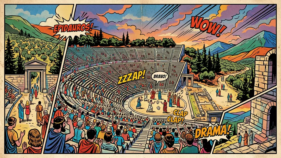 Pop-Art-Comic von Theater von Epidauros in Epidauros, Griechenland mit Rasterpunkten