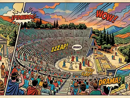 Pop-Art-Comicillustration des Wahrzeichens Theater von Epidauros in Epidauros Griechenland, kraeftige Konturen Rasterpunkte und satte Farben - Foto: THN