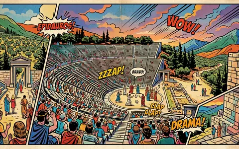 Pop-Art-Comicillustration des Wahrzeichens Theater von Epidauros in Epidauros Griechenland, kraeftige Konturen Rasterpunkte und satte Farben - Foto: THN