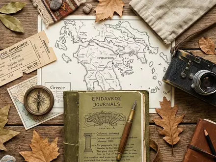 Flatlay-Reise-Arrangement rund um Theater von Epidauros in Epidauros Griechenland, Karte Kompass Kamera und generische Reiserequisiten - Foto: THN