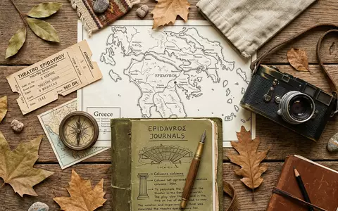 Flatlay-Reise-Arrangement rund um Theater von Epidauros in Epidauros Griechenland, Karte Kompass Kamera und generische Reiserequisiten - Foto: THN