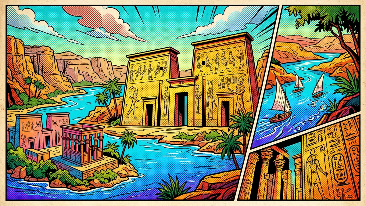 Pop-Art-Comic von Philae-Tempel in Assuan, Agypten mit Rasterpunkten