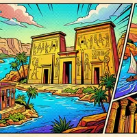 Pop-Art-Comicillustration des Wahrzeichens Philae-Tempel in Assuan Agypten, kraeftige Konturen Rasterpunkte und satte Farben - Foto: THN