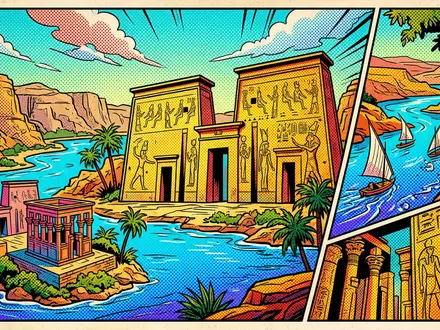 Pop-Art-Comicillustration des Wahrzeichens Philae-Tempel in Assuan Agypten, kraeftige Konturen Rasterpunkte und satte Farben - Foto: THN