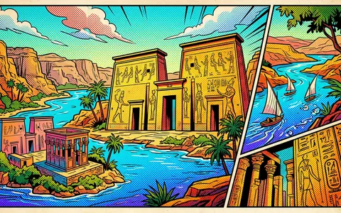 Pop-Art-Comicillustration des Wahrzeichens Philae-Tempel in Assuan Agypten, kraeftige Konturen Rasterpunkte und satte Farben - Foto: THN