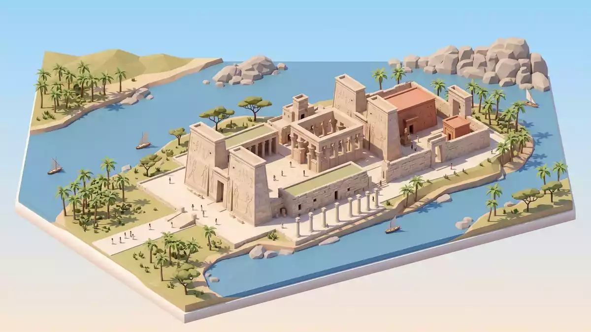 Isometrisches Diorama von Philae-Tempel in Assuan, Agypten in Pastell